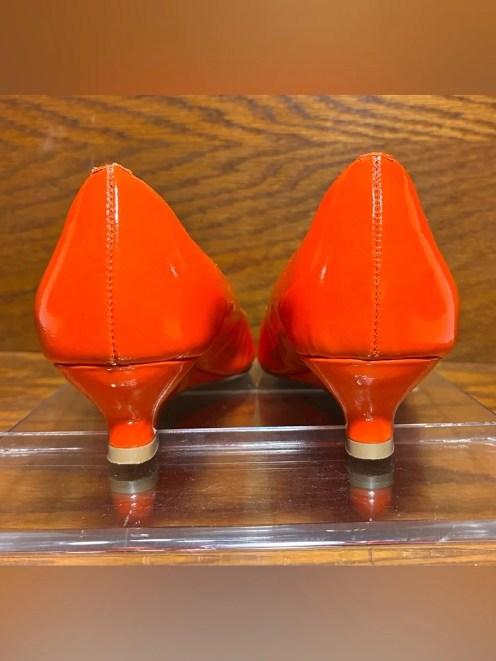 ELIE TAHARI Orange Patent Leather Scalloped Collar Demi Wedge Heels EU 37.5 US 7